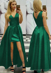 A-line/Princess V Neck Sleeveless Asymmetrical Satin Prom Dresses With Pleated